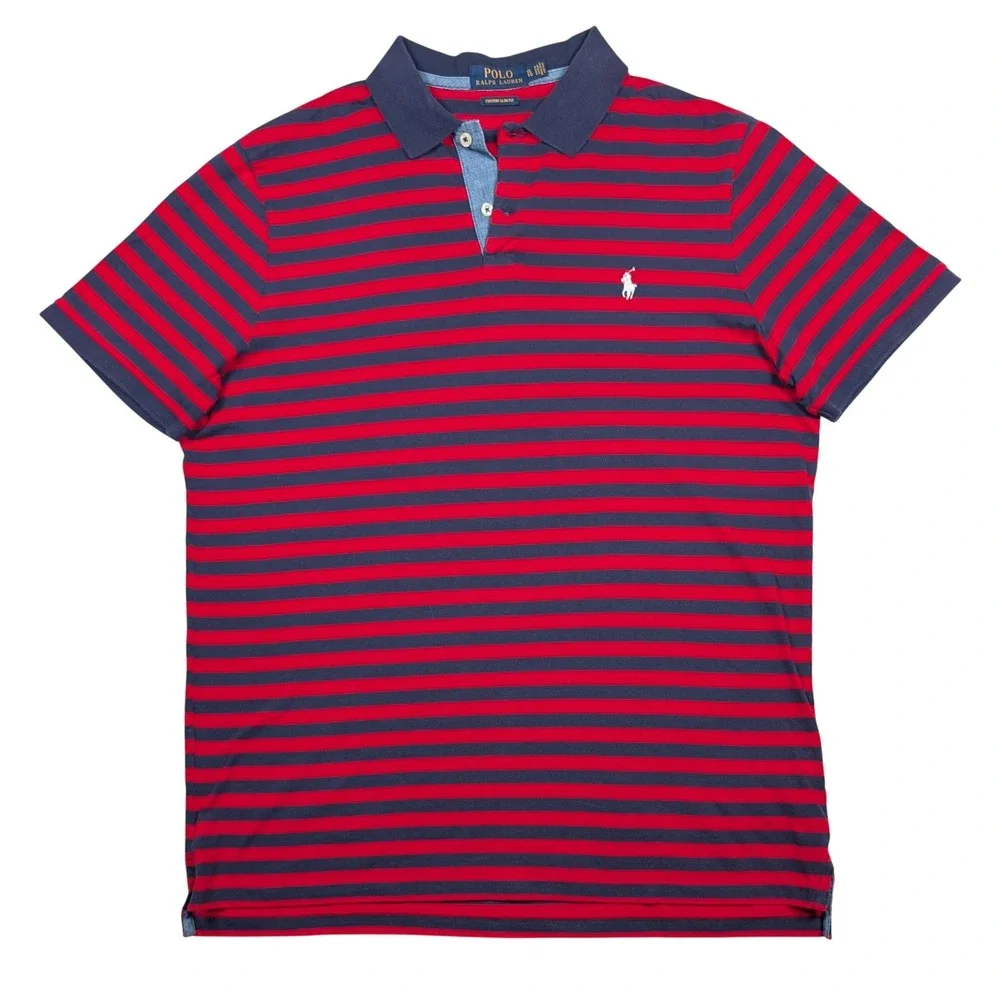 Polo Ralph Lauren‎ Shirt Mens XL Red Blue Stripe Chambray Custom Slim Fit Pony